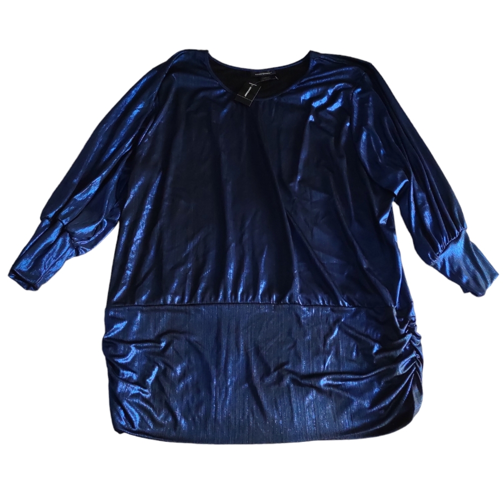 NWT Ashley Stewart 26/28 Blue Metallic Semi Sheer Ruched Dolman Sleeve Top